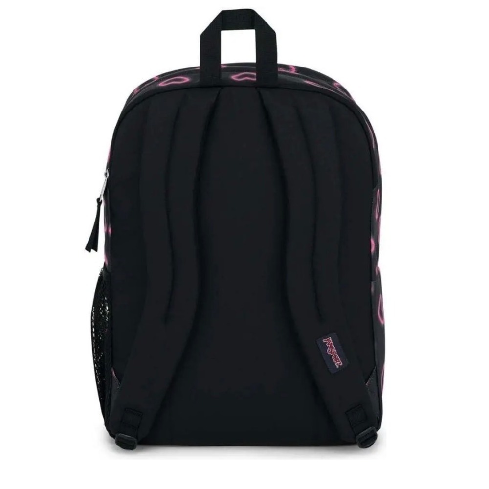 JanSport Happy Hearts Large Backpack Black/Pink Heart Print Zip Bottle Pocket - Picture 2 of 2